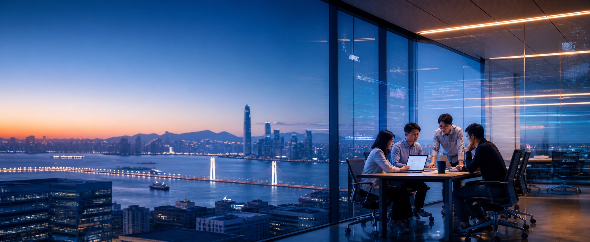 城市夜景与团队数字化项目协作场景